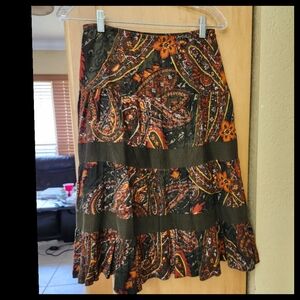 Green Corduroy Floral Paisley Print Midi Skirt Size 2P